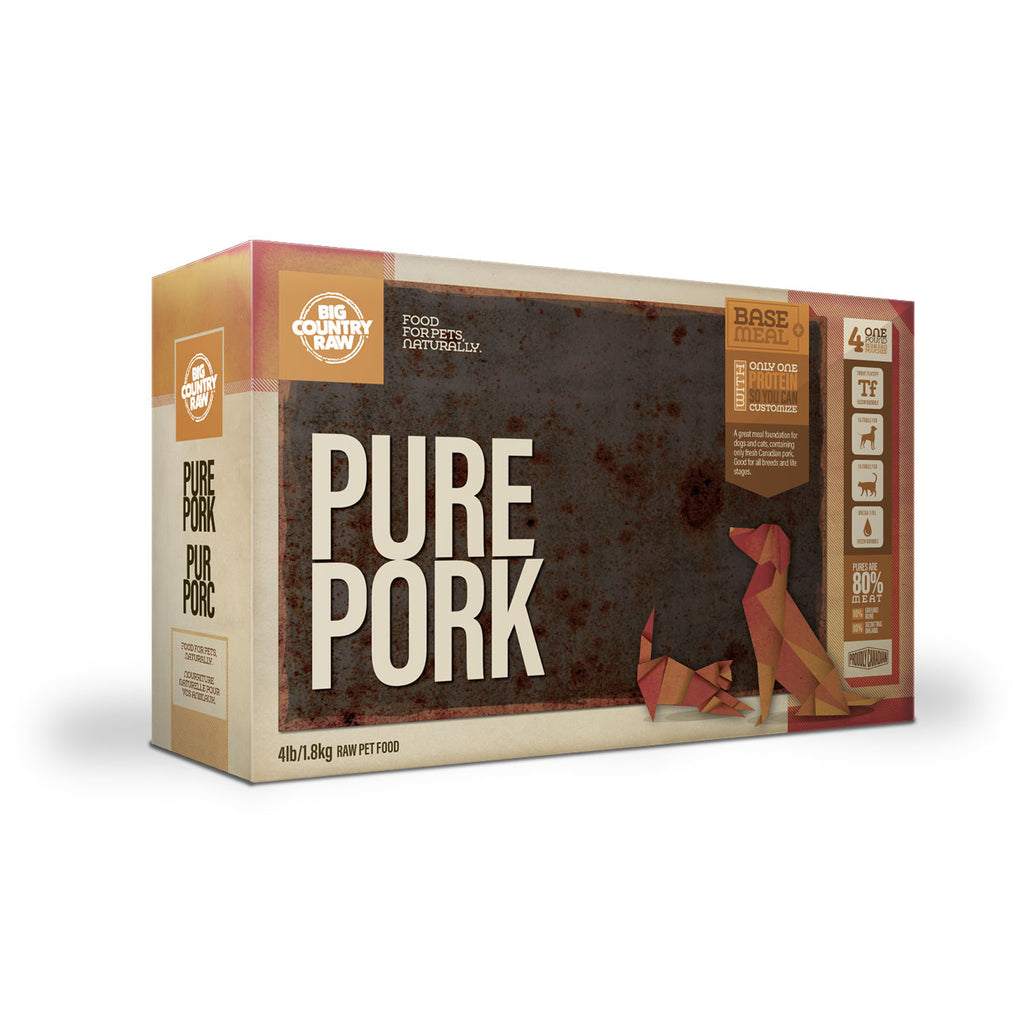 Big Country Raw Pure porc 4lbs. Bêtes Gourmandes, boutique spécialisée alimentation, éducation et sports pour chiens à Québec.