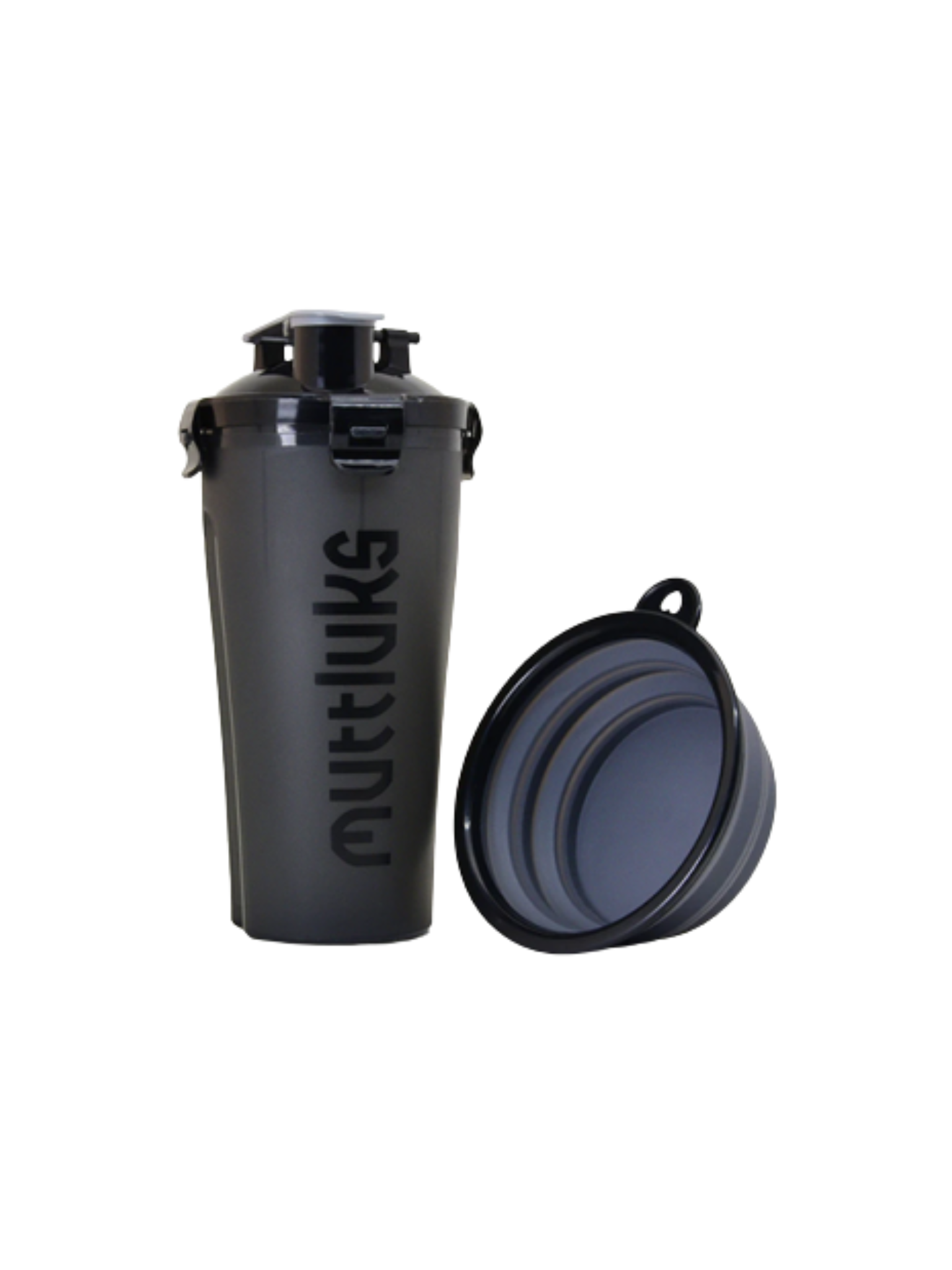 La bouteille 2 en 1 durable et pratique MuTTravel pour le chien actif! 2 en 1 – Pour nourriture et eau. Couvercle antifuite. Comprend un bol portable amovible et pliable. Volume: 10 oz/300