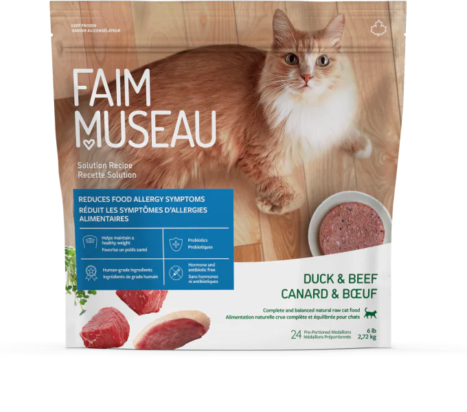 FAIM MUSEAU - Canard et boeuf, offrez une alimentation complète et balancée à votre chat. Boutique Bêtes Gourmandes, Ville de Québec.