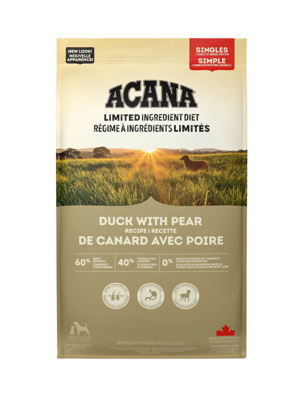 Acana - Singles Canard & Poires. Bêtes Gourmandes, spécialiste en nourriture et produits pour chien et chat en ligne et en magasin à Québec.