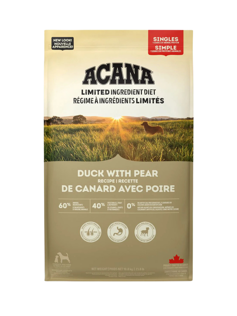 Acana - Singles Canard & Poires. Bêtes Gourmandes, spécialiste en nourriture et produits pour chien et chat en ligne et en magasin à Québec.