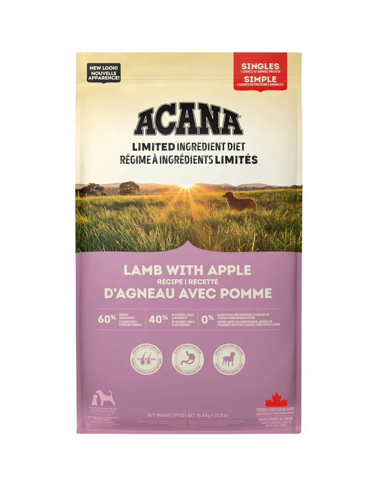 ACANA - Singles Agneau & pommes 10.8 kg. Bêtes Gourmandes, boutique spécialisée alimentation, éducation et sports pour chiens à Québec.