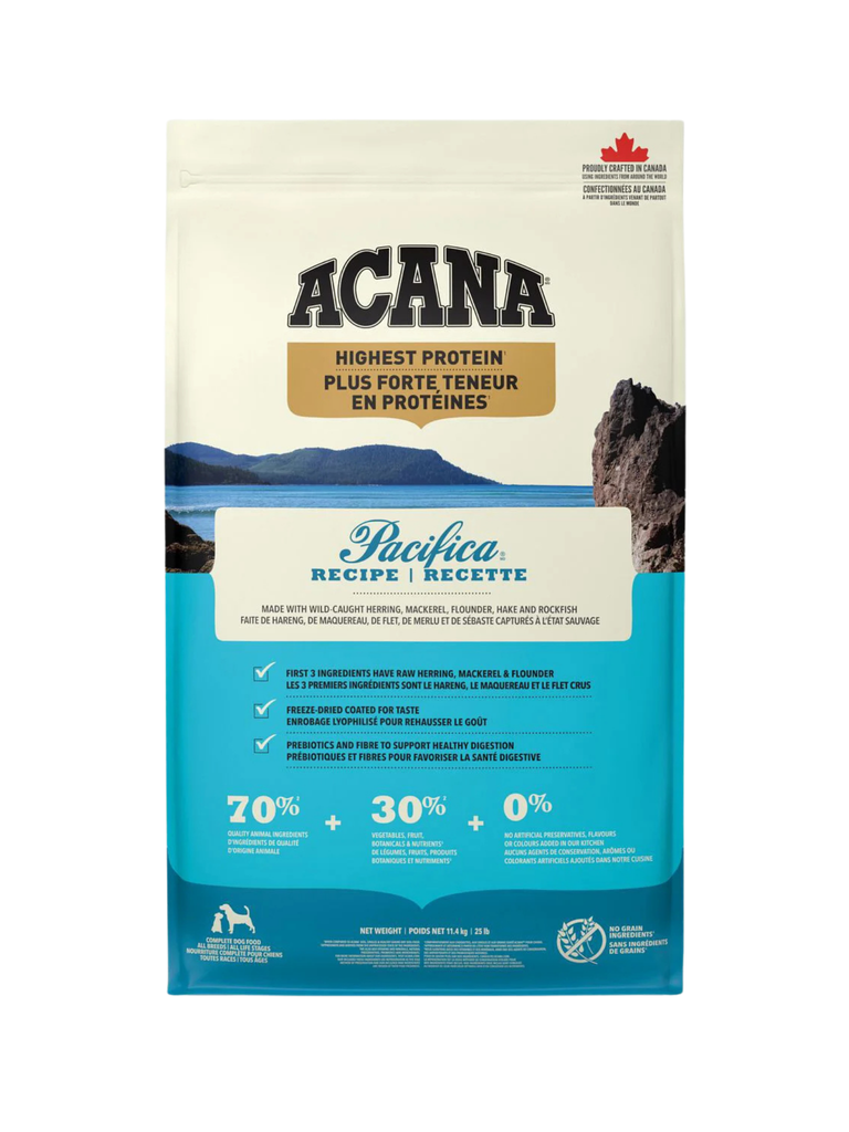 ACANA - Haute en protéine, Pacifica 11.4 kg. Bêtes Gourmandes, boutique spécialisée alimentation, éducation et sports pour chiens à Québec.