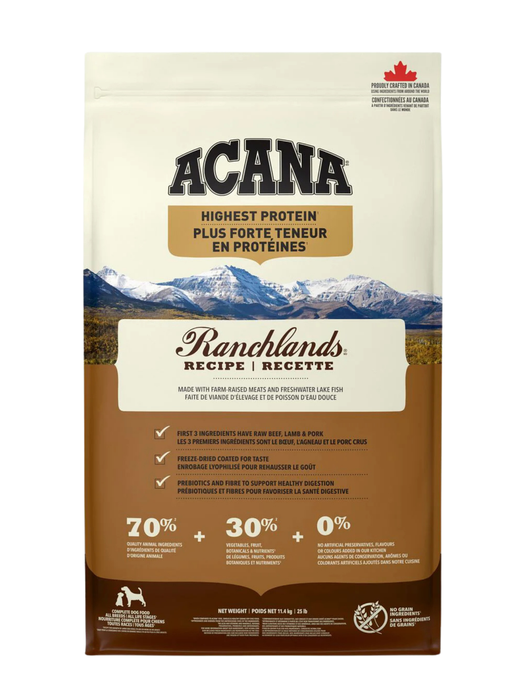 ACANA - Haute en protéine, Ranchlands 11.4 kg. Bêtes Gourmandes, boutique spécialisée alimentation, éducation et sports pour chiens à Québec.
