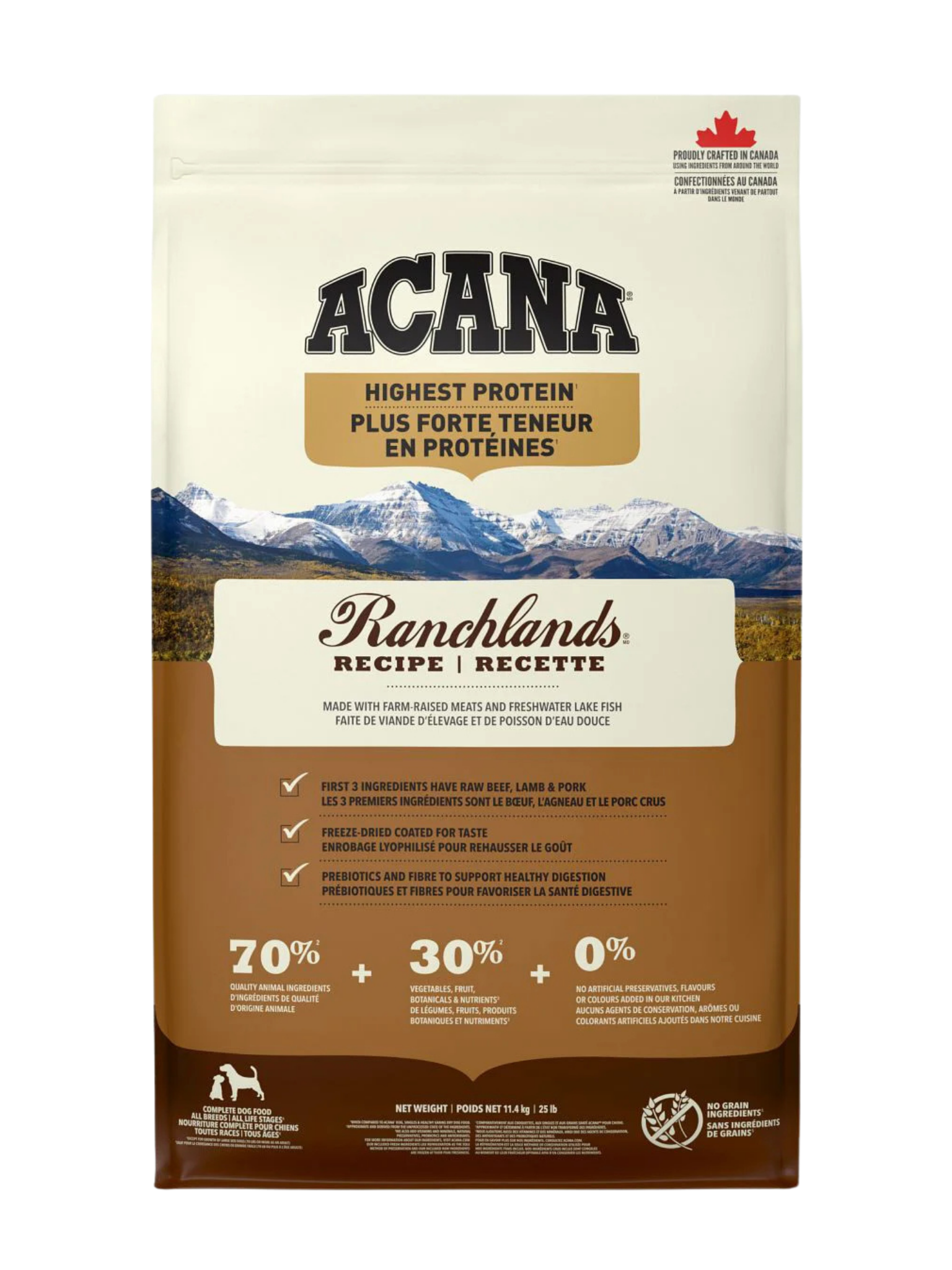 ACANA - Haute en protéine, Ranchlands 11.4 kg. Bêtes Gourmandes, boutique spécialisée alimentation, éducation et sports pour chiens à Québec.
