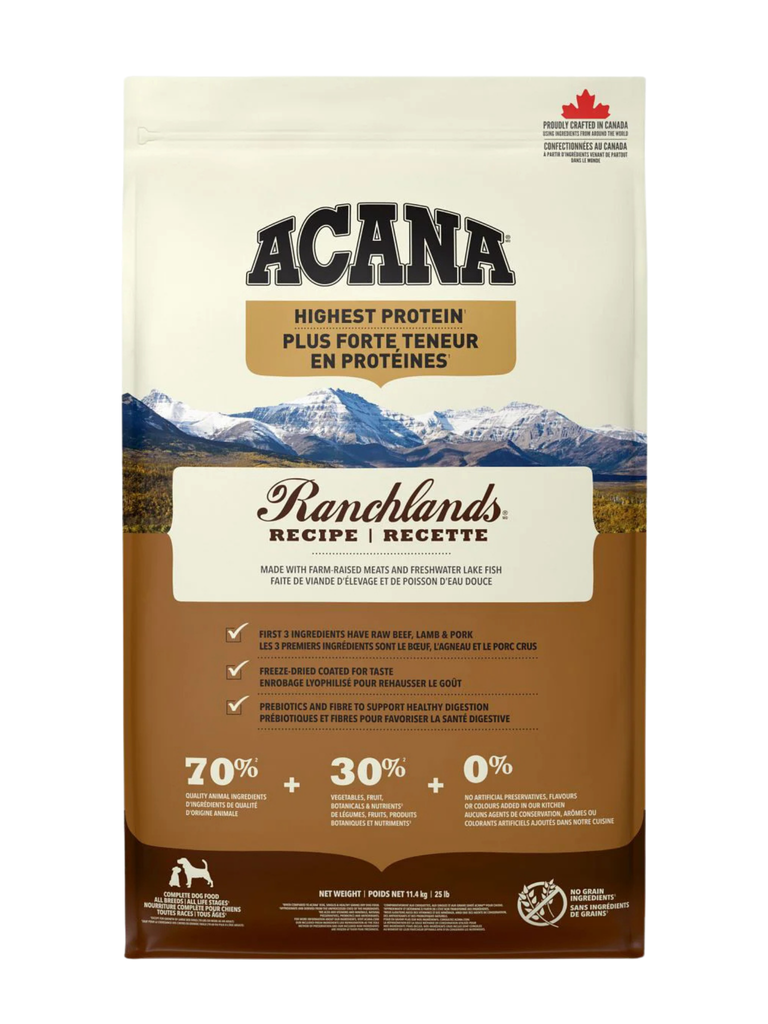 ACANA - Haute en protéine, Ranchlands 11.4 kg. Bêtes Gourmandes, boutique spécialisée alimentation, éducation et sports pour chiens à Québec.
