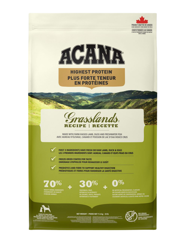 ACANA - Haute en protéine, Grasslands 11.4 kg. Bêtes Gourmandes, boutique spécialisée alimentation, éducation et sports pour chiens à Québec.