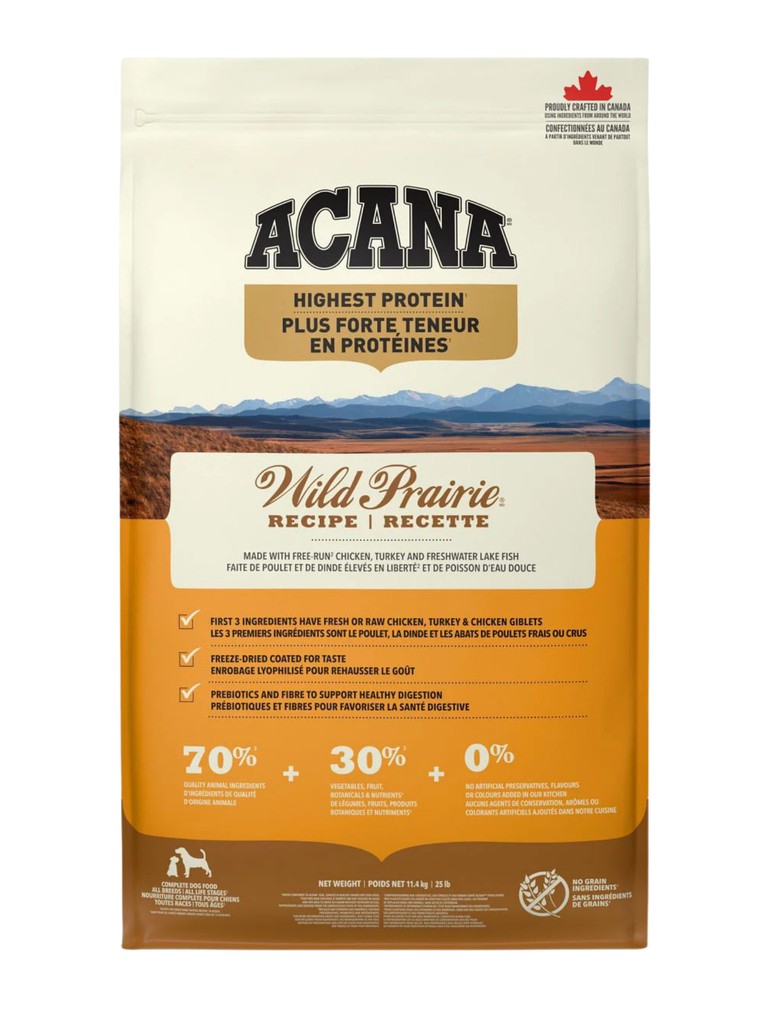 ACANA - Haute en protéine, Wild Prairie 11.4kg. Bêtes Gourmandes, boutique spécialisée alimentation, éducation et sports pour chiens à Québec.
