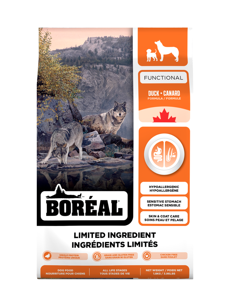 BORÉAL FUNCTIONAL - Ingrédients limités au canard pour chien. Bêtes Gourmandes, boutique spécialisée alimentation, éducation et sports pour chiens à Québec.