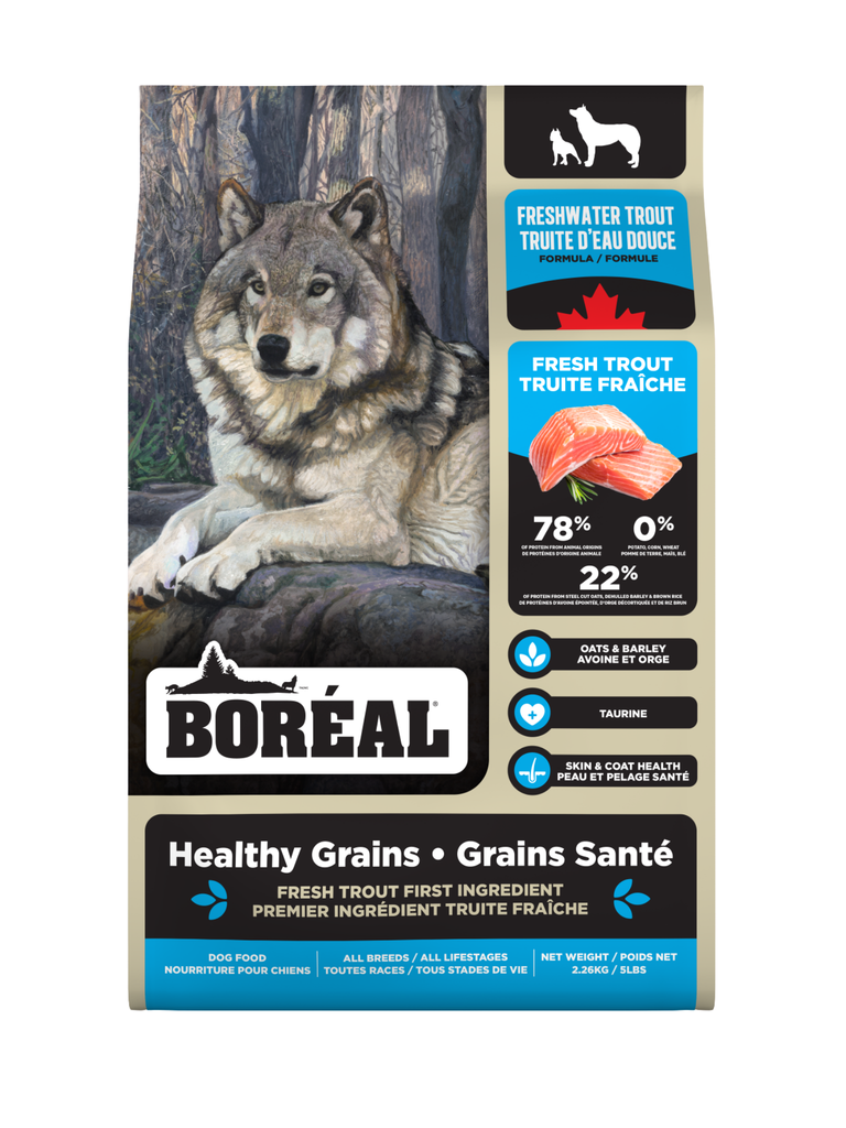 Boréal - Recette Grains Santé Truite D'Eau Douce. Bêtes Gourmandes, spécialiste en nourriture et produits pour chien et chat en ligne et en magasin à Québec.