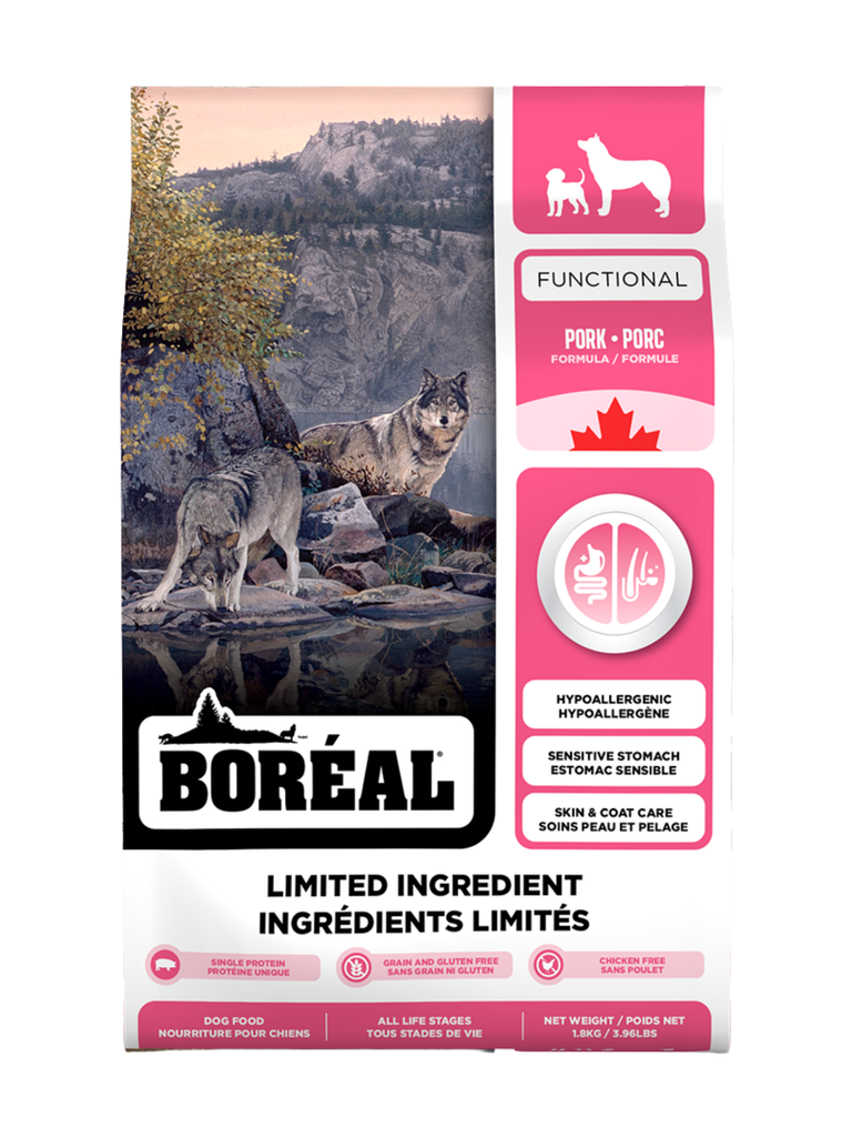 BORÉAL FUNCTIONAL - Ingrédients limités porc pour chien. Bêtes Gourmandes, boutique spécialisée alimentation, éducation et sports pour chiens à Québec.