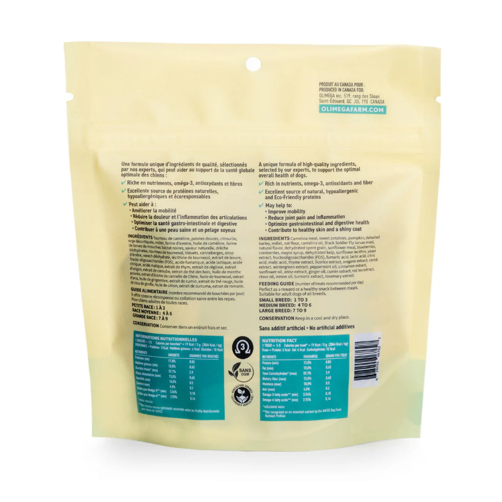 OLIMEGA - Bouchées pour chiens à base de caméline 130g. Bêtes Gourmandes, boutique spécialisée alimentation, éducation et sports pour chiens à Québec.