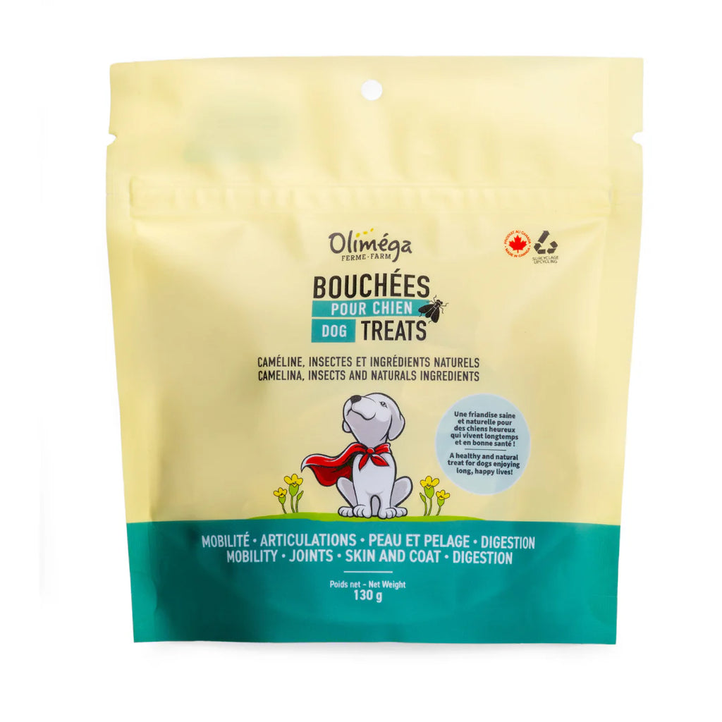 OLIMEGA - Bouchées pour chiens à base de caméline 130g. Bêtes Gourmandes, boutique spécialisée alimentation, éducation et sports pour chiens à Québec.