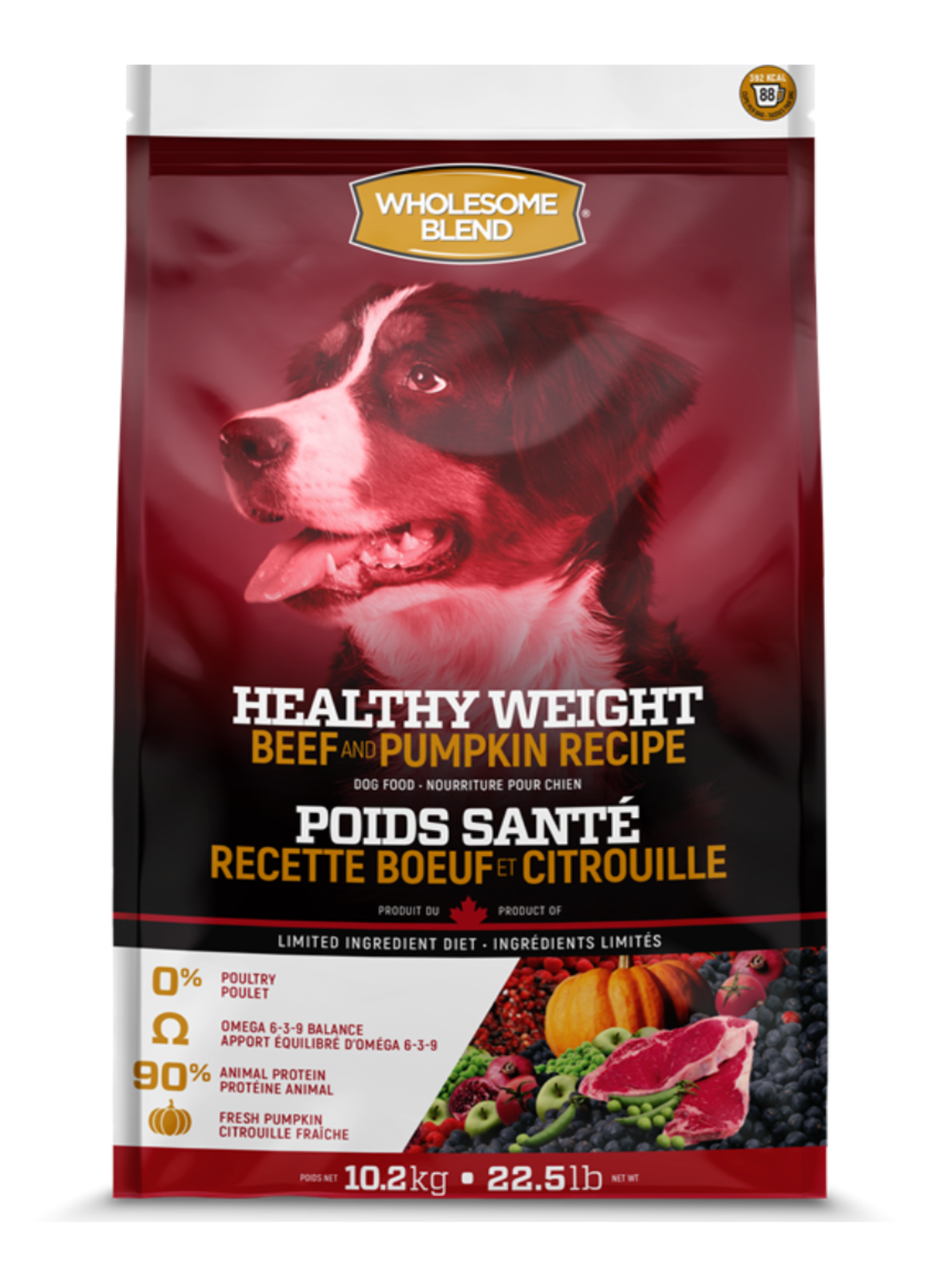 Avec un soutien digestif additionnel provenant de la citrouille et des niveaux modérés de matières grasses et de protéines provenant de bœuf canadien, cette formule savoureuse à ingrédients limités peut aider votre chien à maintenir un poids santé. 