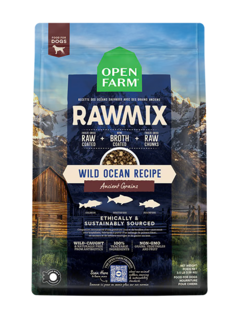 OPEN FARM - Recette rawmix poissons grains anciens. Bêtes Gourmandes spécialiste en nutrition pour chien et chat et comportement canin à Québec.