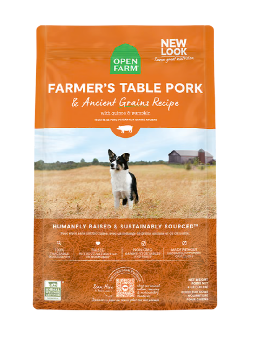 Openfarm - Recette au porc grains anciens. Bêtes Gourmandes, spécialiste en nourriture et produits pour chien et chat en ligne et en magasin à Québec.