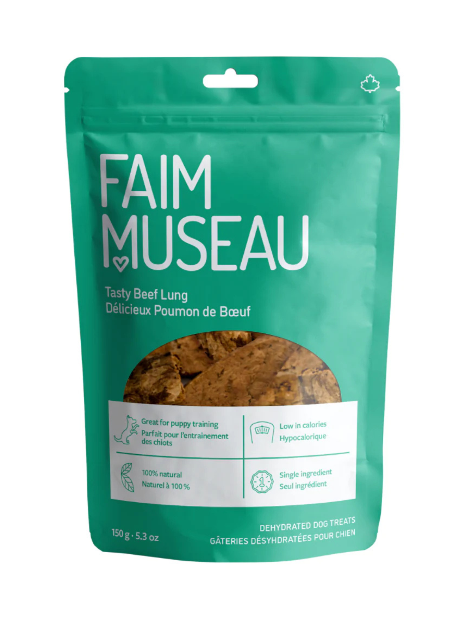 FAIM MUSEAU - Poumon de boeuf 150g. Bêtes Gourmandes, boutique spécialisée alimentation, éducation et sports pour chiens à Québec.
