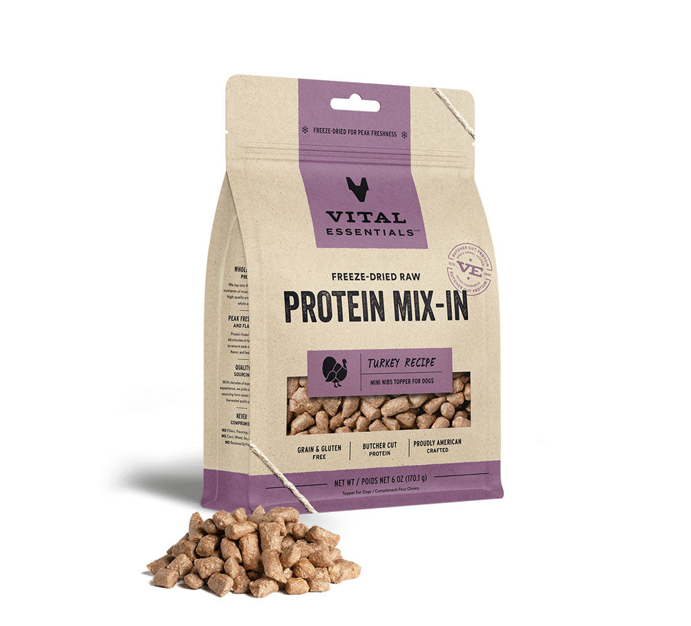 VE - Dinde lyophilisé MIX-IN 6oz. Bêtes Gourmandes, boutique spécialisée alimentation, éducation et sports pour chiens à Québec.