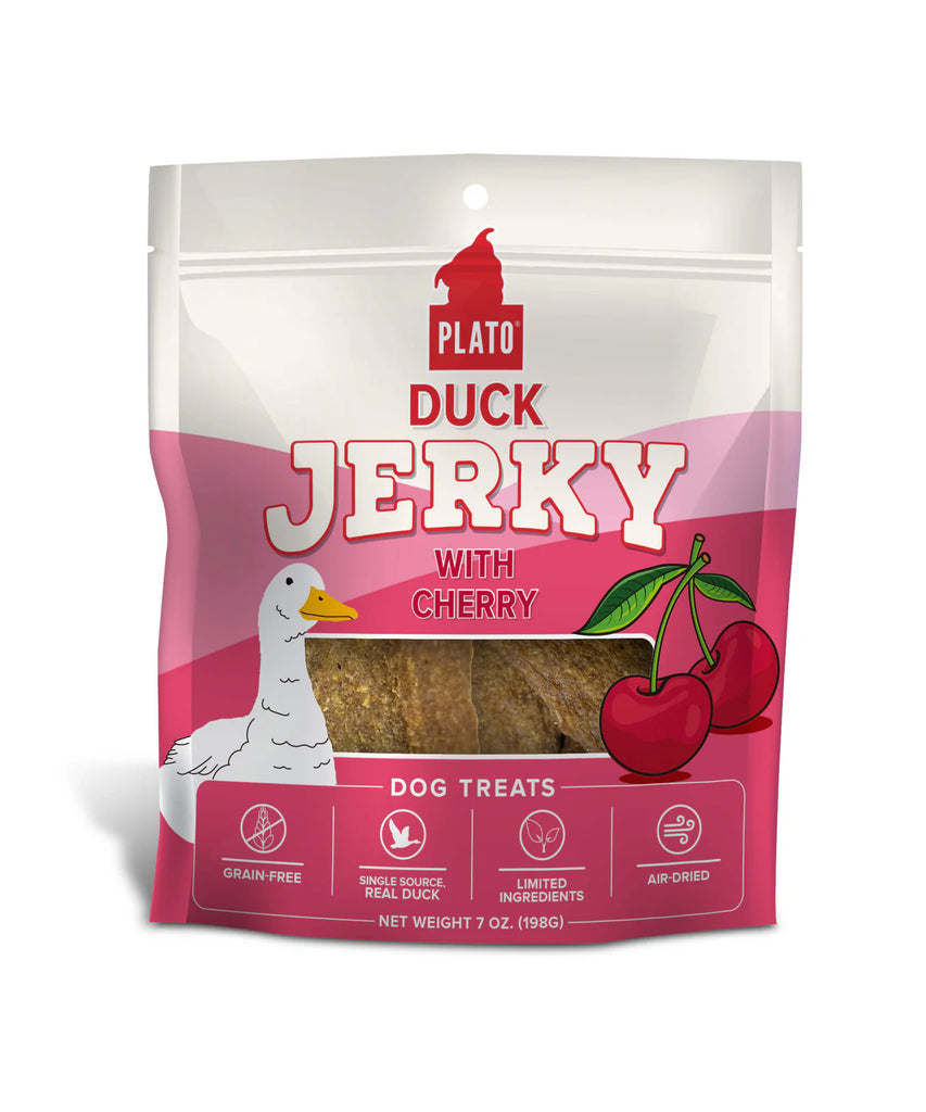 PLATO - Jerky canard & cerise. Bêtes Gourmandes, boutique spécialisée alimentation, éducation et sports pour chiens à Québec.