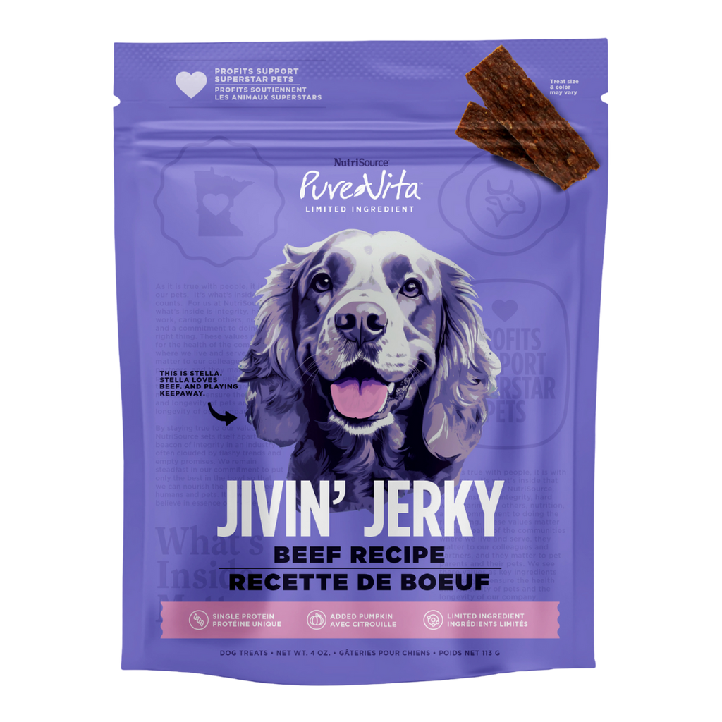 NUTRISOURCE - Jerky purevita boeuf. Bêtes Gourmandes, boutique spécialisée alimentation, éducation et sports pour chiens à Québec.