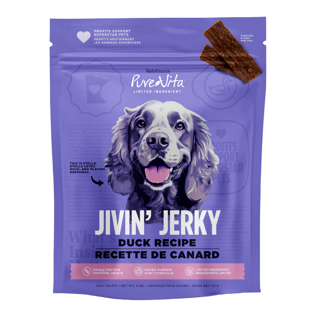NUTRISOURCE - Jerky purevita canard. Bêtes Gourmandes, boutique spécialisée alimentation, éducation et sports pour chiens à Québec.