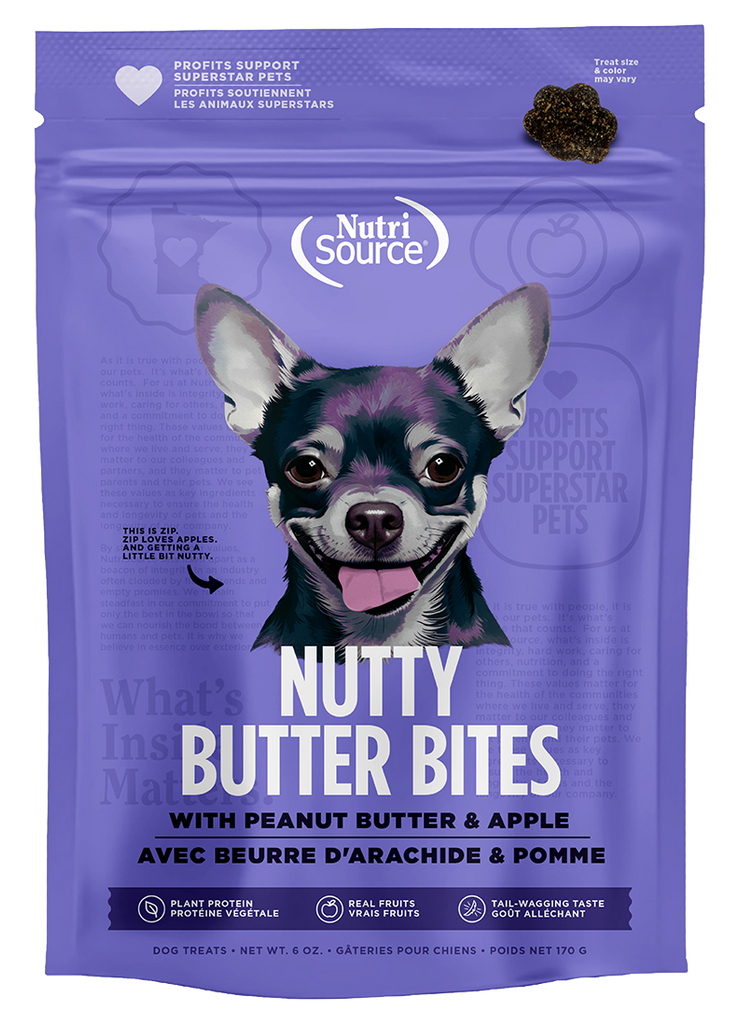 NUTRISOURCE - Nutty butter bites beurre d'arachide & pomme 6oz. Bêtes Gourmandes, boutique spécialisée alimentation, éducation et sports pour chiens à Québec.