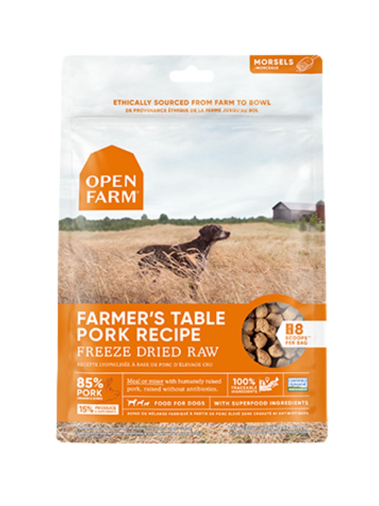 Openfarm - Morceaux de porc lyophilisée 3.5Oz. Bêtes Gourmandes, spécialiste en nourriture et produits pour chien et chat en ligne et en magasin à Québec.