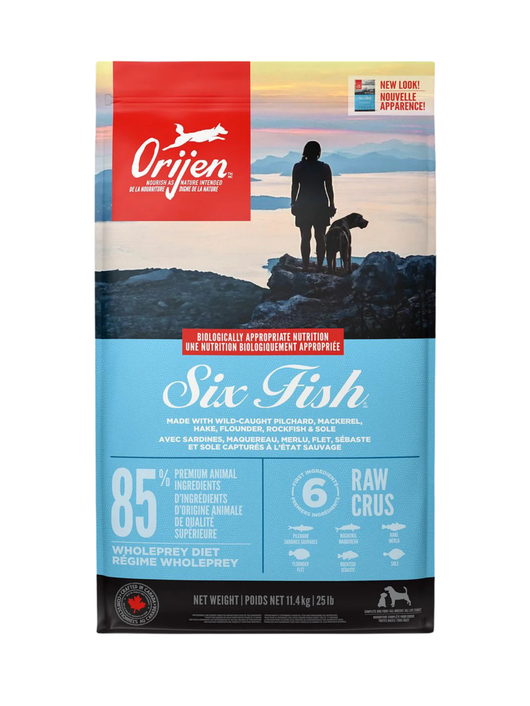 ORIJEN - Six poissons 11.4kg. Bêtes Gourmandes, boutique spécialisée alimentation, éducation et sports pour chiens à Québec.