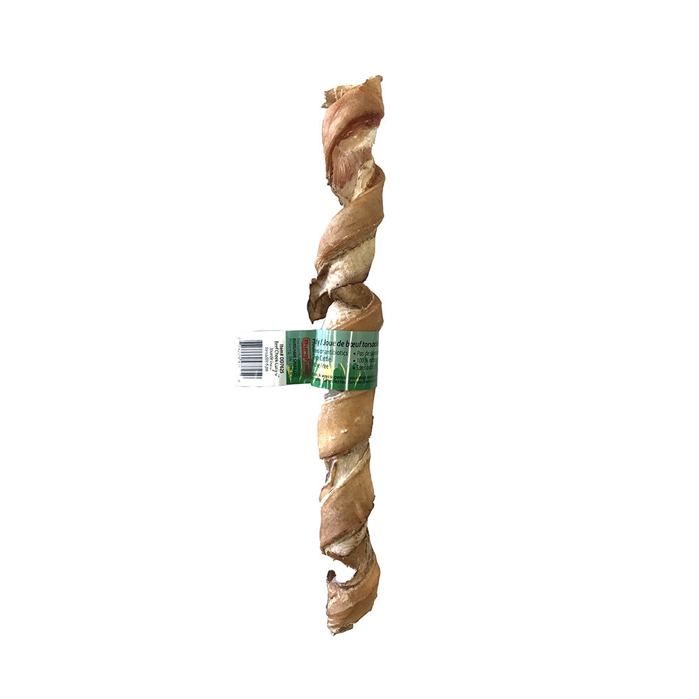 BULLSTERS - Torsade de joue de boeuf 12po. Bêtes Gourmandes, boutique spécialisée alimentation, éducation et sports pour chiens à Québec.