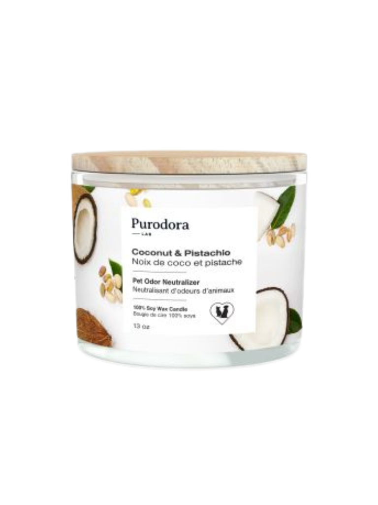 Fabriquée à la main au Québec à partir de cire 100% soya, notre bougie Noix de coco et Pistache de Purodora Lab neutralise les odeurs d’animaux tout en laissant un agréable parfum dans l’air ambiant. Tous les ingrédients ont été choisis avec soin afin d’être sécuritaires pour les animaux et la planète. 