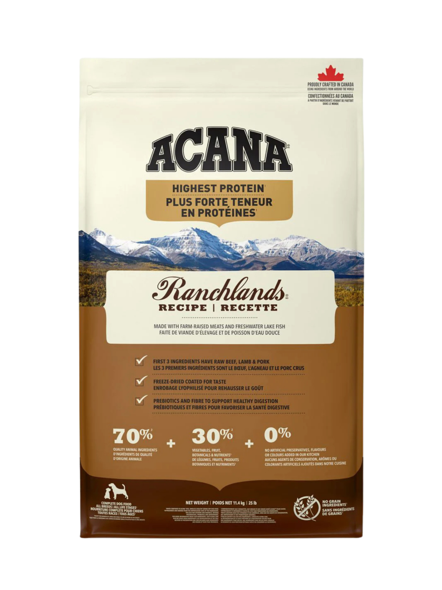 ACANA - Haute en protéine, Ranchlands 11.4 kg. Bêtes Gourmandes, boutique spécialisée alimentation, éducation et sports pour chiens à Québec.