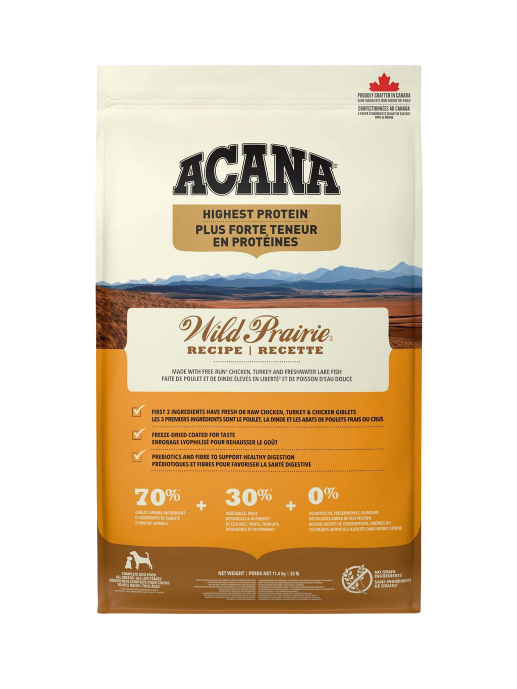 ACANA - Haute en protéine, Wild Prairie 11.4kg. Bêtes Gourmandes, boutique spécialisée alimentation, éducation et sports pour chiens à Québec.