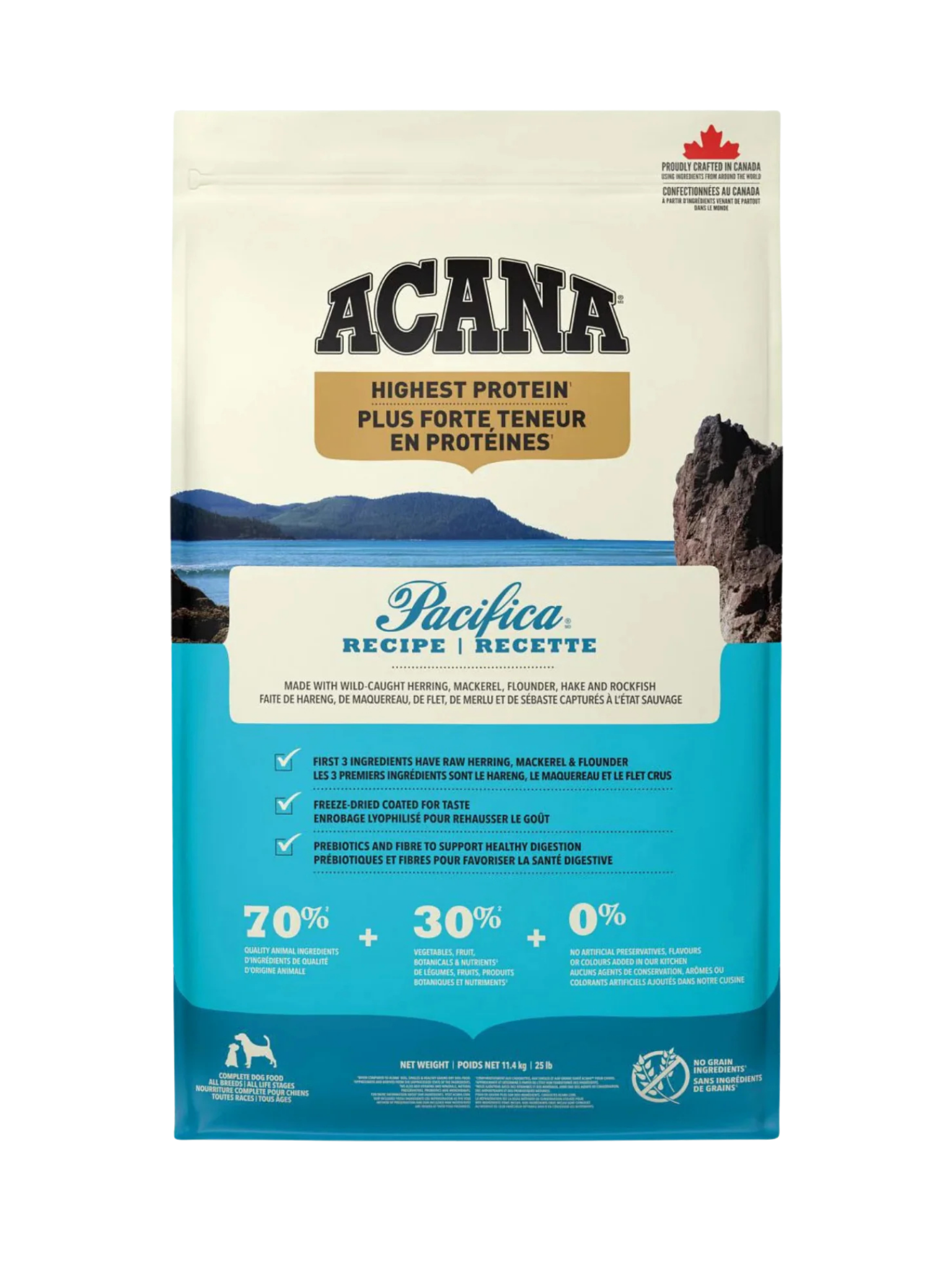 ACANA - Haute en protéine, Pacifica 11.4 kg. Bêtes Gourmandes, boutique spécialisée alimentation, éducation et sports pour chiens à Québec.
