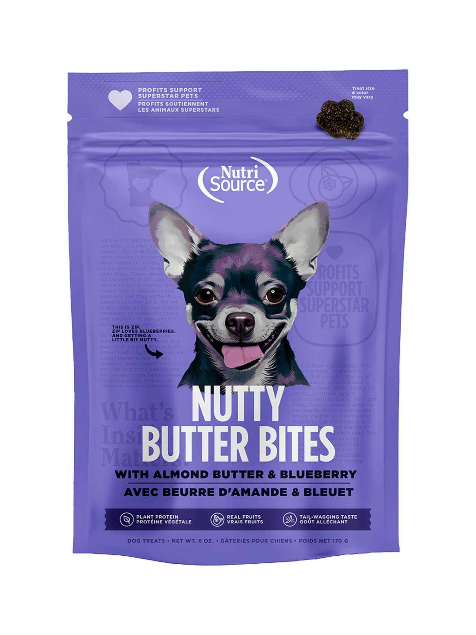 NUTRISOURCE - Nutty butter bites beurre d'amande & bleuets 6oz. Bêtes Gourmandes, boutique spécialisée alimentation, éducation et sports pour chiens à Québec.