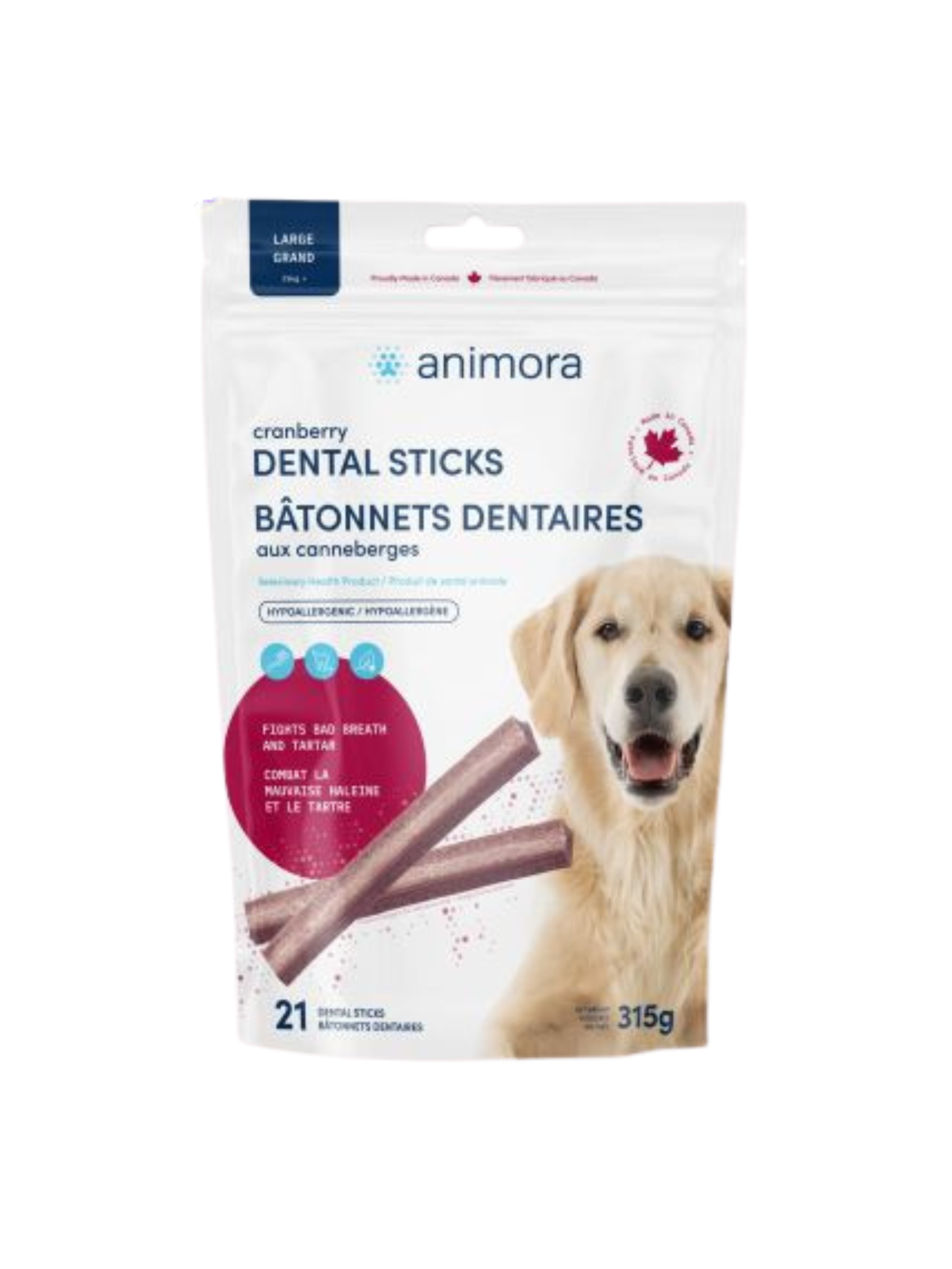Les Bâtonnets dentaires aux canneberges Animora combattent la mauvaise haleine, le tartre et la plaque dentaire chez le chien. Ils améliorent la santé buccodentaire et aide au maintien des dents et des gencives saines. La forme et la composition des bâtonnets dentaires ont été optimisées pour nettoyer les dents lors de la mastication. Ils comprennent un abrasif doux qui permettra de combattre l’accumulation de tartre. Son goût alléchant permettra à l’animal de prendre plaisir à le mâcher et vous aurez plus 