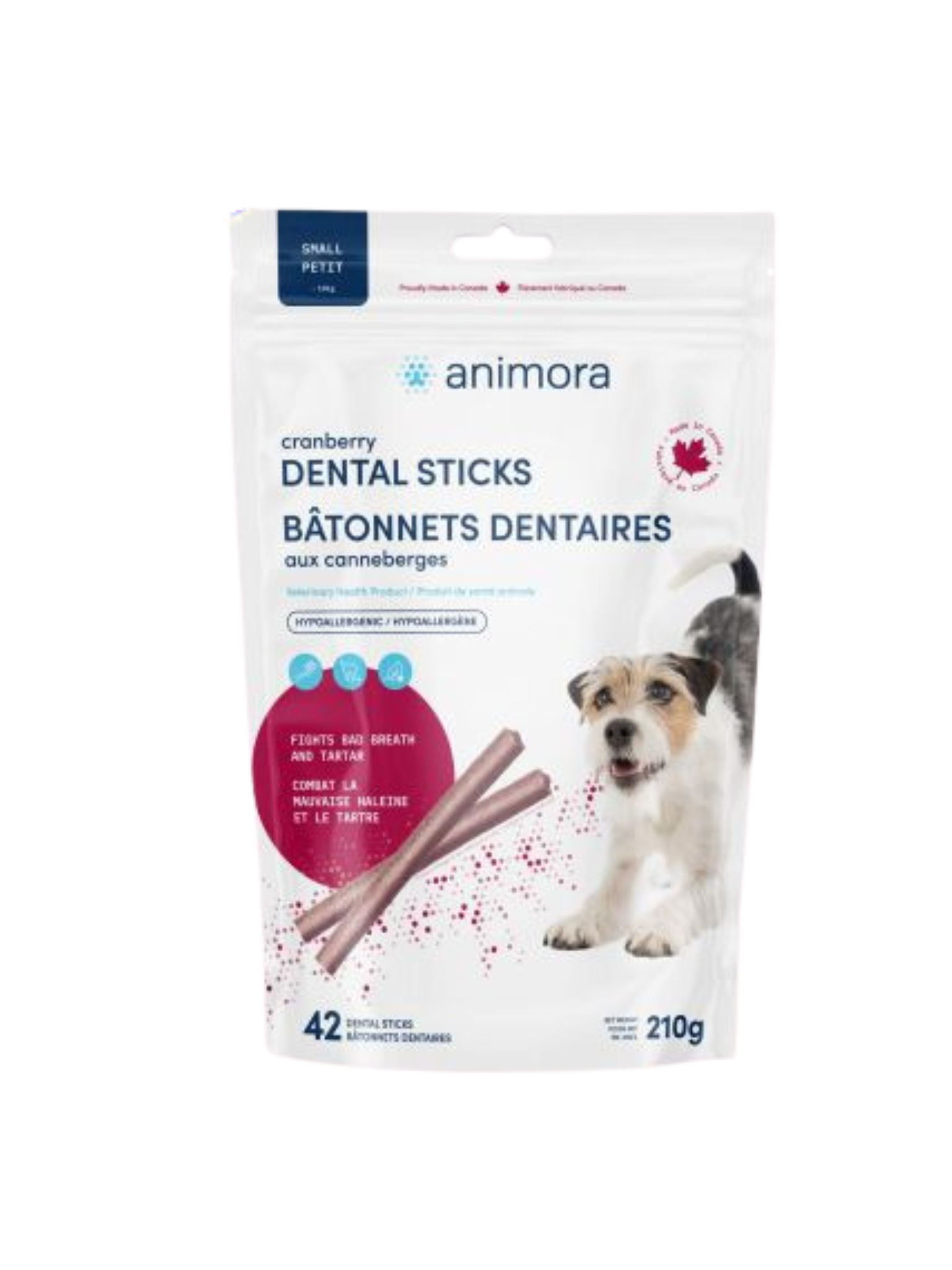 Les Bâtonnets dentaires aux canneberges Animora combattent la mauvaise haleine, le tartre et la plaque dentaire chez le chien. Ils améliorent la santé buccodentaire et aide au maintien des dents et des gencives saines. La forme et la composition des bâtonnets dentaires ont été optimisées pour nettoyer les dents lors de la mastication. Ils comprennent un abrasif doux qui permettra de combattre l’accumulation de tartre. Son goût alléchant permettra à l’animal de prendre plaisir à le mâcher et vous aurez plus 
