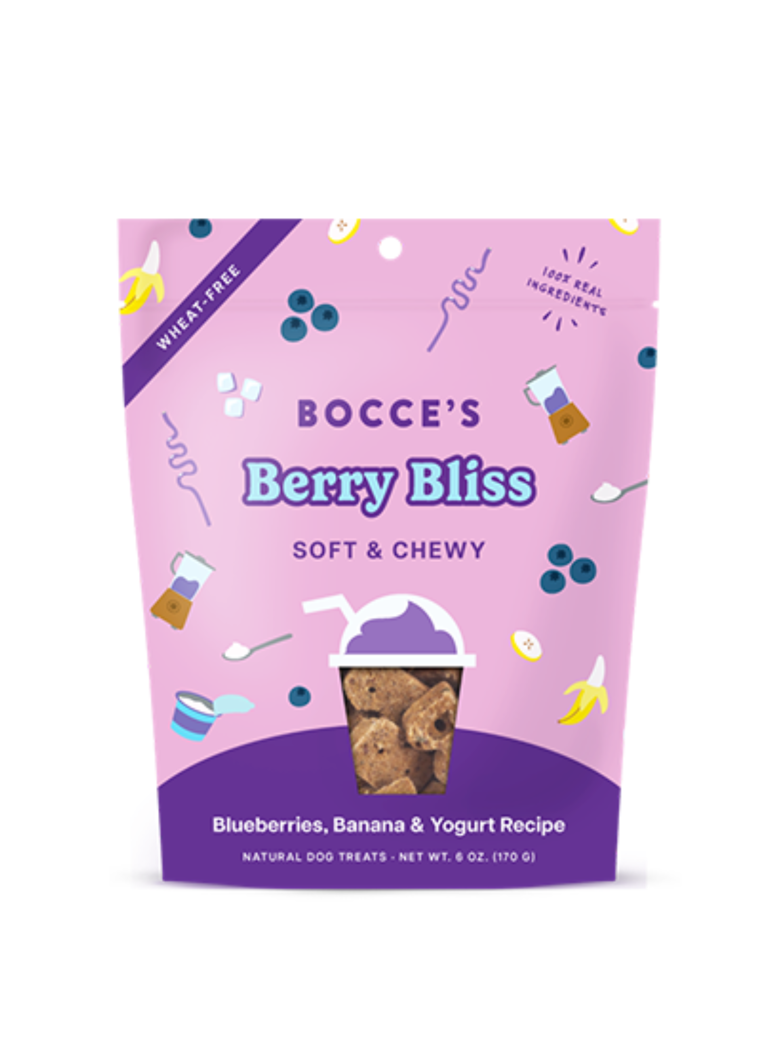 BOCCE'S - Gâterie bleuets, bananes & yogourt 6oz. Bêtes Gourmandes, boutique spécialisée alimentation, éducation et sports pour chiens à Québec.