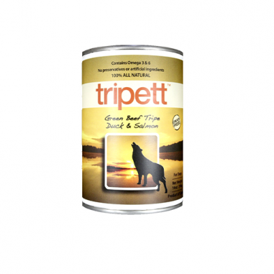 TRIPETT - Tripe de boeuf avec saumon et canard 396g. Bêtes Gourmandes, boutique spécialisée en alimentation, éducation et sports canins à Québec.