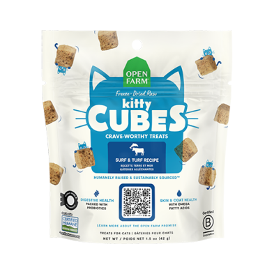 OPEN FARM - Kitty cubes gâteries lyophilisées terre & mer 1.5oz. Bêtes Gourmandes, boutique spécialisée alimentation, éducation et sports pour chiens à Québec.
