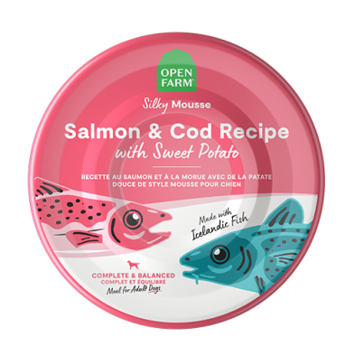 OPEN FARM - Mousse saumon, morue & patate douce 7oz. Bêtes Gourmandes, boutique spécialisée alimentation, éducation et sports pour chiens à Québec.