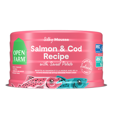 OPEN FARM - Mousse saumon, morue & patate douce 7oz. Bêtes Gourmandes, boutique spécialisée alimentation, éducation et sports pour chiens à Québec.
