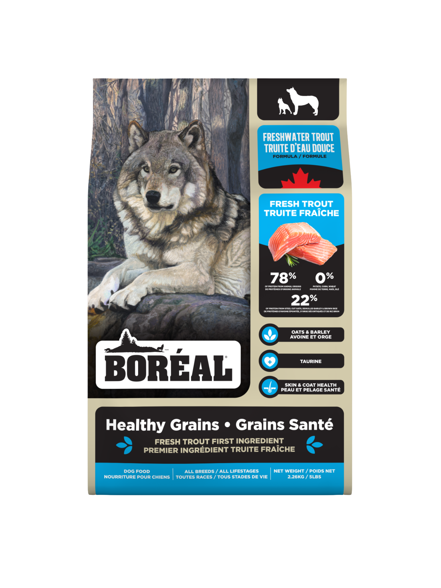Boréal - Recette Grains Santé Truite D'Eau Douce. Bêtes Gourmandes, spécialiste en nourriture et produits pour chien et chat en ligne et en magasin à Québec.