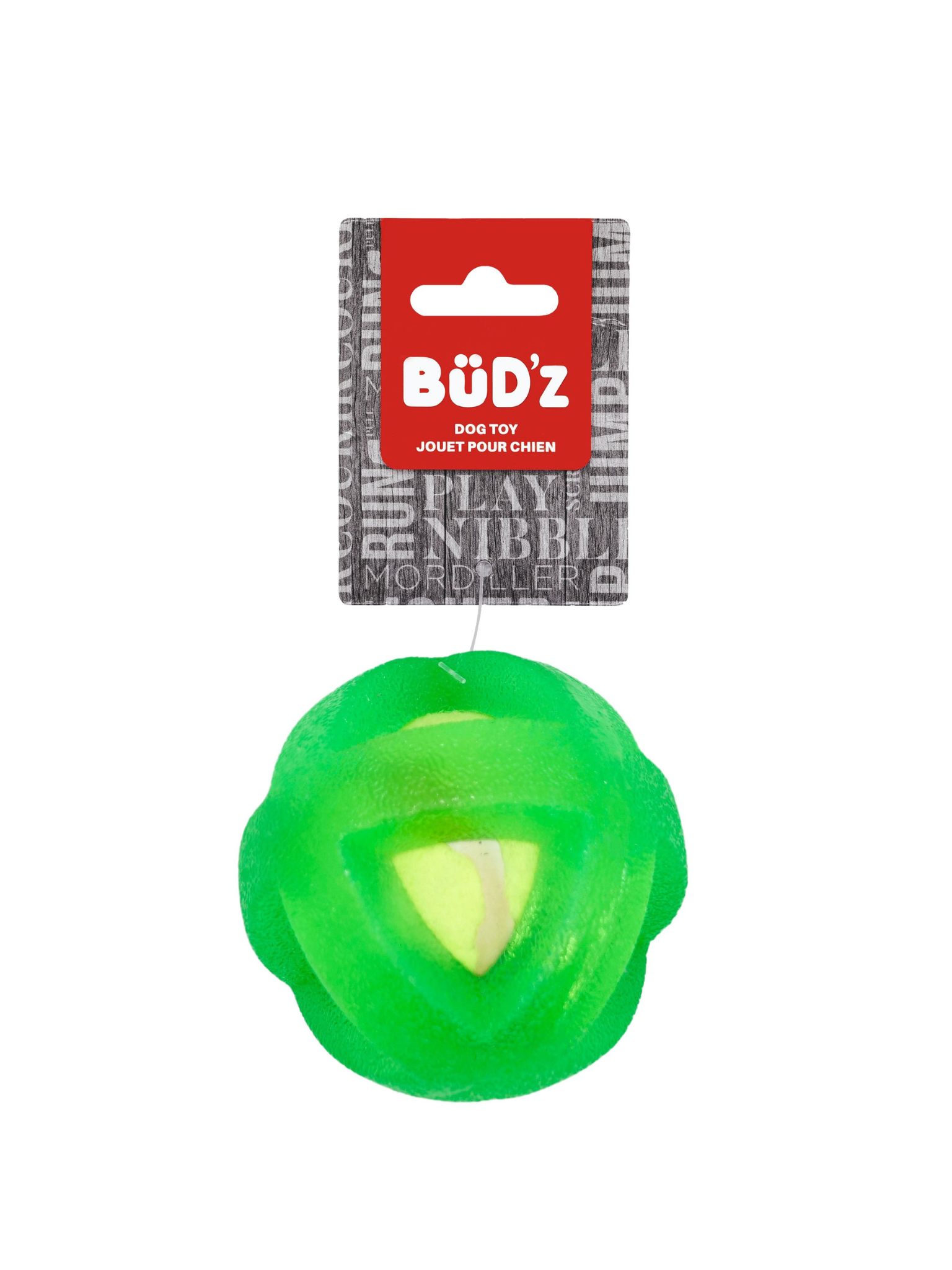 BUD'Z - Balle en caoutchouc avec balle de tennis. Bêtes Gourmandes, boutique spécialisée alimentation, éducation et sports pour chiens à Québec.