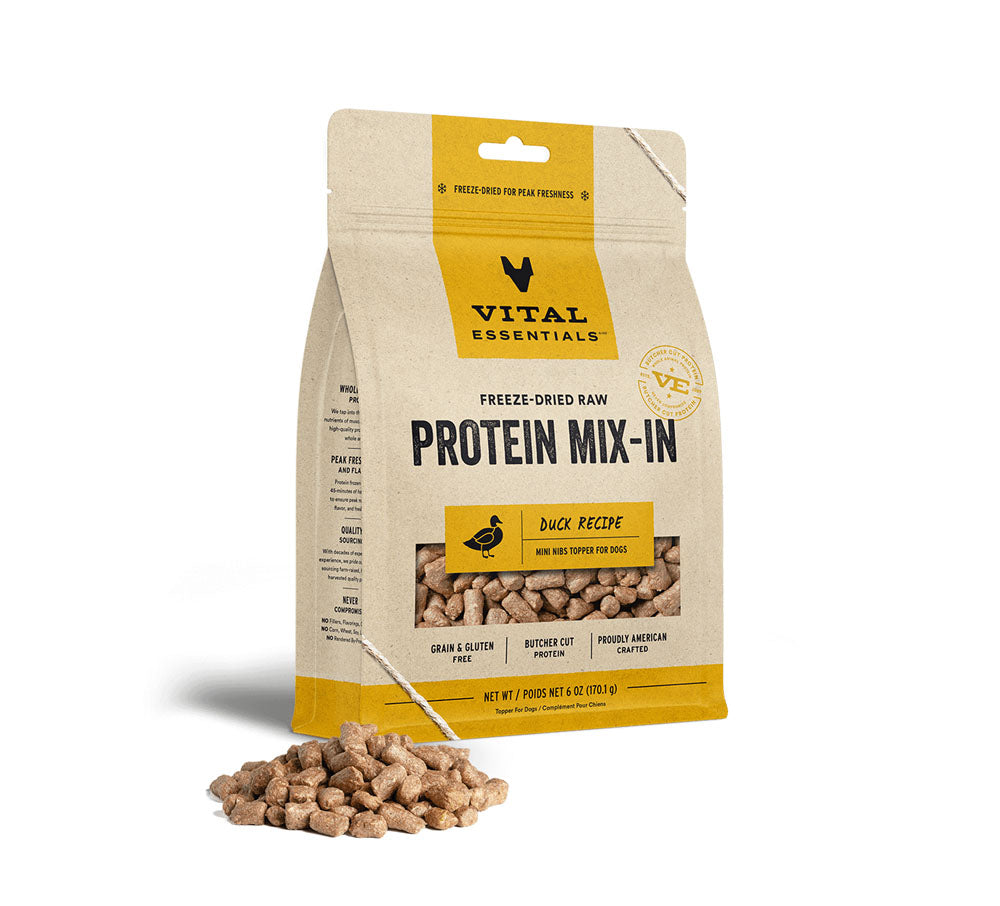 VE - Canard lyophilisé MIX-IN 6oz. Bêtes Gourmandes, boutique spécialisée alimentation, éducation et sports pour chiens à Québec.