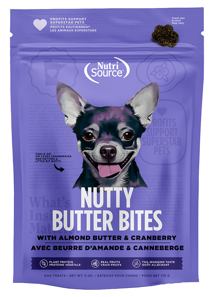 NUTRISOURCE - Nutty butter bites beurre d'amande & canneberges 6oz. Bêtes Gourmandes, boutique spécialisée alimentation, éducation et sports pour chiens à Québec.