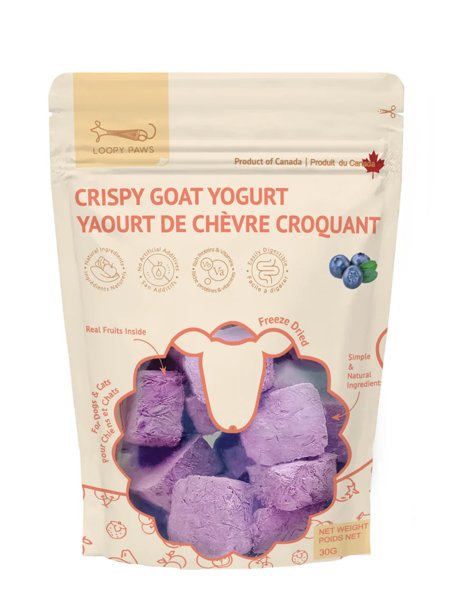 LOOPY PAWS - Gâteries croquant yaourt de chèvre & bleuets 30g