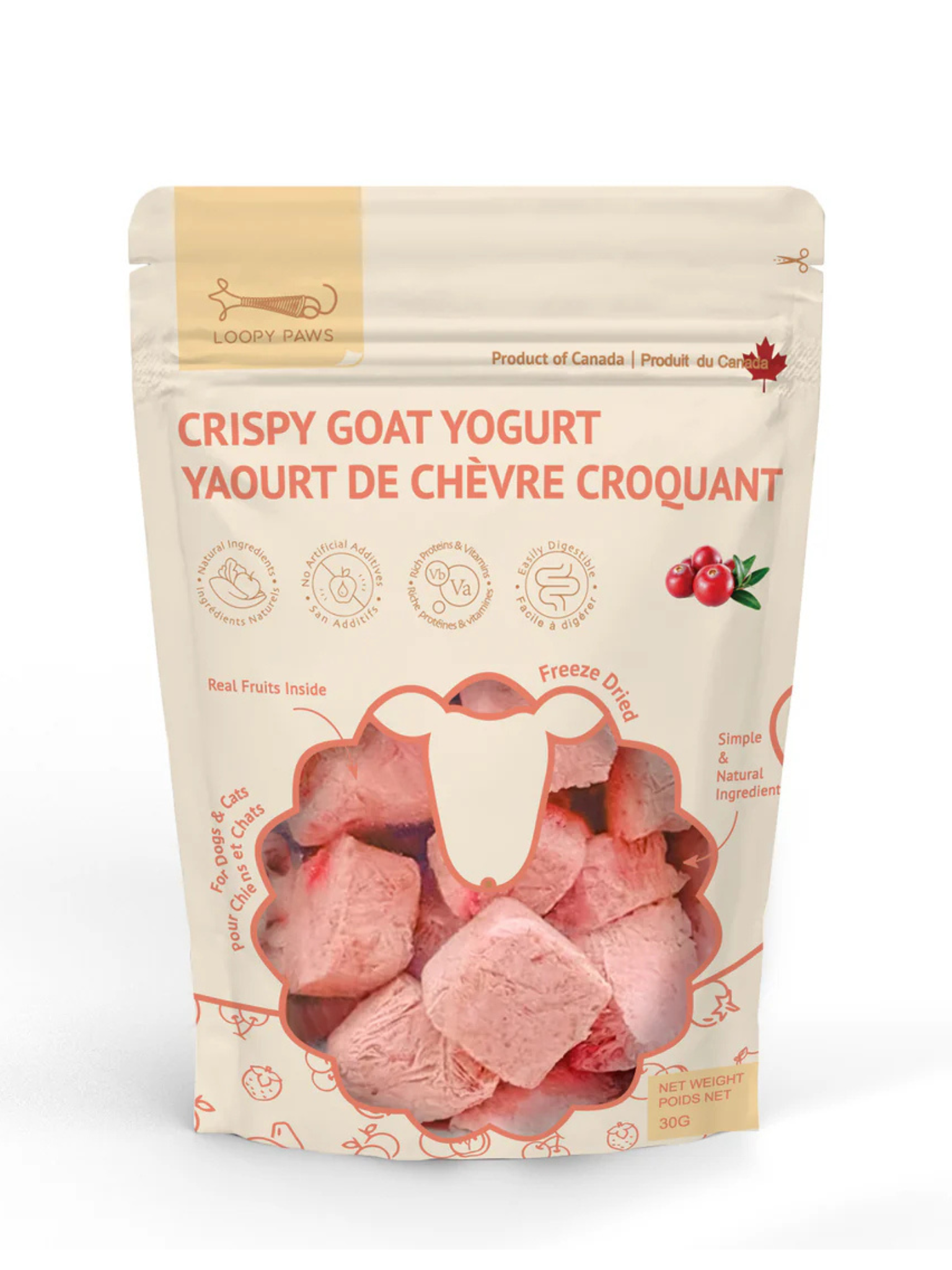 LOOPY PAWS - Gâteries croquantes yaourt de chèvre & canneberges 30g