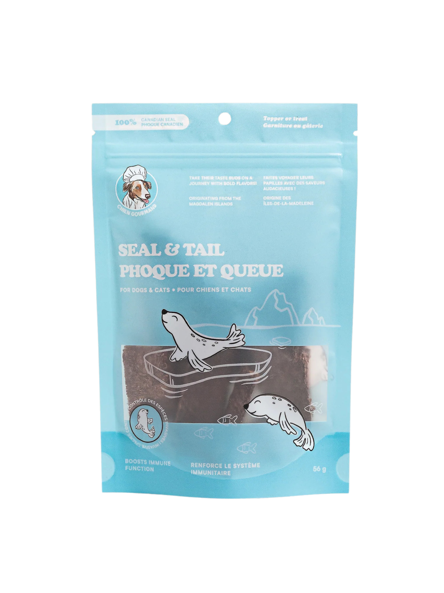 Phoque & Queue - Gâterie durable et hypoallergénique pour chiens et chats Conçue pour les animaux sensibles, cette gâterie monopro­téique est composée à 100 % de viande de phoque sauvage éthique provenant des Îles-de-la-Madeleine. Source naturelle de protéines, de fer et de vitamine B12, elle soutient la vitalité musculaire et les défenses naturelles tout en étant facile à digérer. Sa coupe artisanale et son format pratique en font une alliée idéale pour l’entraînement, les balades ou les activités de flair