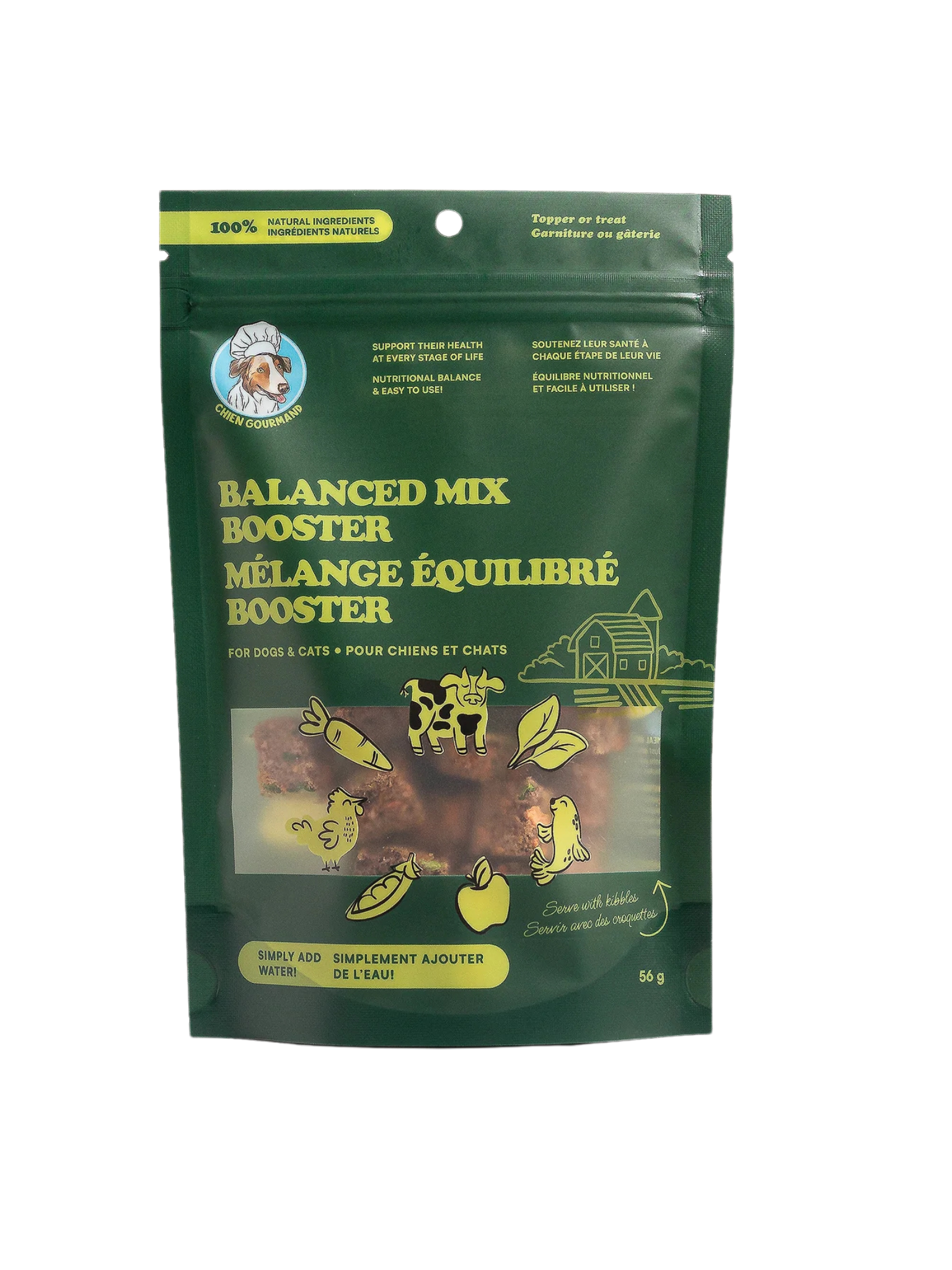 Garniture ou gâterie 100 % naturelle pour chiens et chats Offrez à votre compagnon une garniture complète et savoureuse en quelques secondes. Ce mélange lyophilisé combine des ingrédients entiers et visibles, riches en nutriments essentiels pour soutenir la digestion, les articulations et la santé cognitive. Pensé pour toutes les étapes de vie, il est particulièrement bénéfique pour les animaux plus âgés, actifs ou ayant un système sensible. Ingrédients de couleur vive et naturels, facilement identifiables 