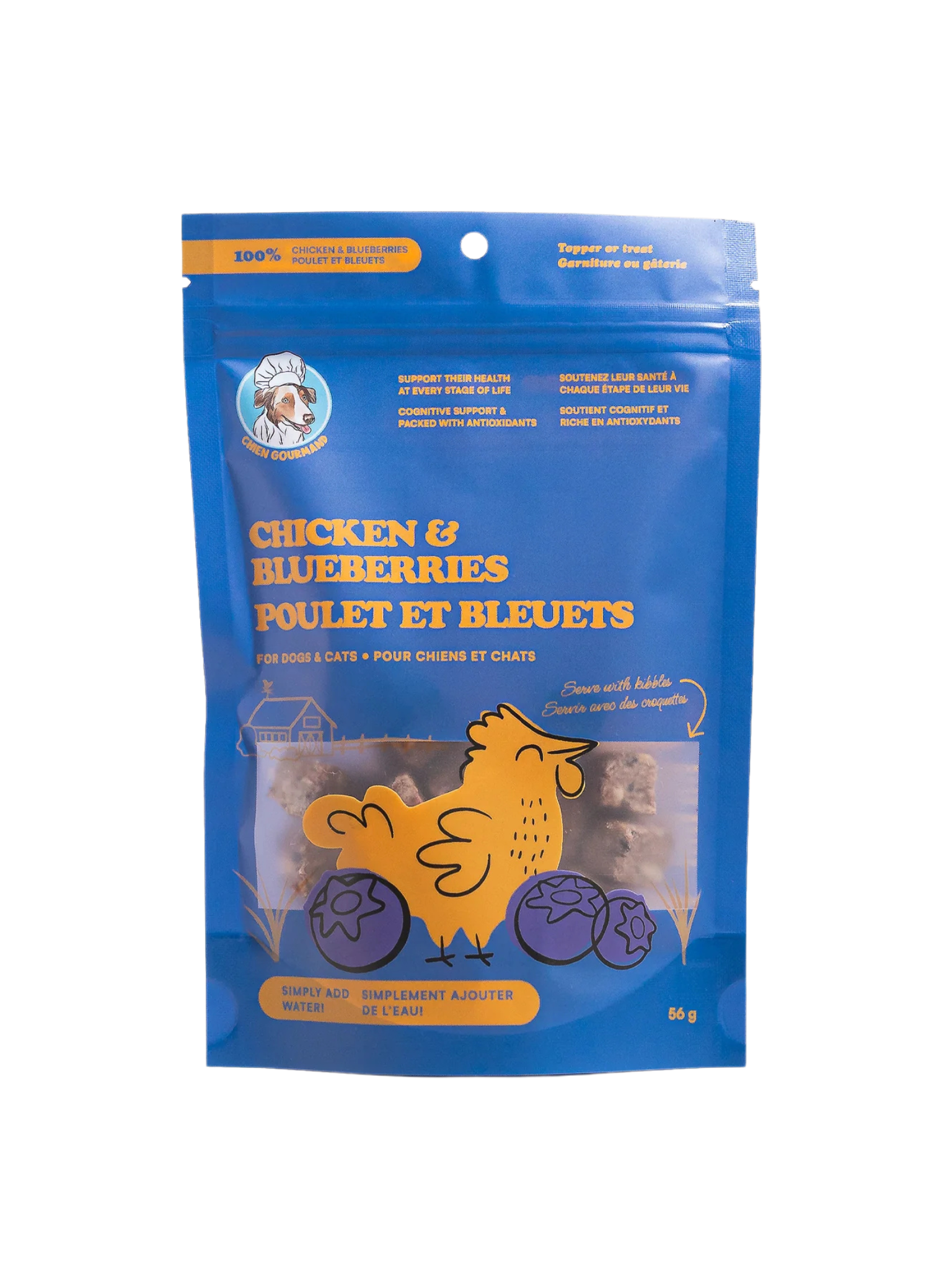 Poulet & Bleuets - Garniture ou gâterie santé pour chiens et chats Un mélange simple et efficace pour enrichir les repas de votre animal. Fait de 100 % poulet maigre et de bleuets entiers, ce topper est riche en antioxydants et soutient la cognition, l’immunité et la mobilité articulaire. Léger, savoureux et facile à réhydrater, il est parfait pour les animaux séniors, en convalescence ou difficiles à nourrir. Ingrédients visibles et entiers : poulet et bleuets Recette canadienne sans agents de conservation